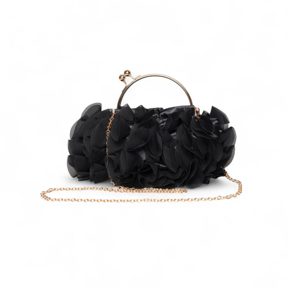 Borsa clutch in tulle nero con manico in metallo