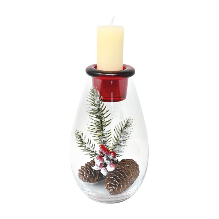 Candeliere Natalizio Vetro Trasparente/Rosso con Abete e Pigne Wald