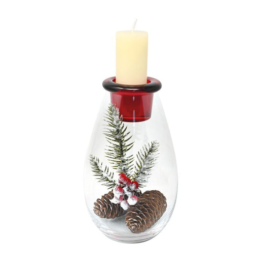 Candeliere Natalizio Vetro Trasparente/Rosso con Abete e Pigne Wald