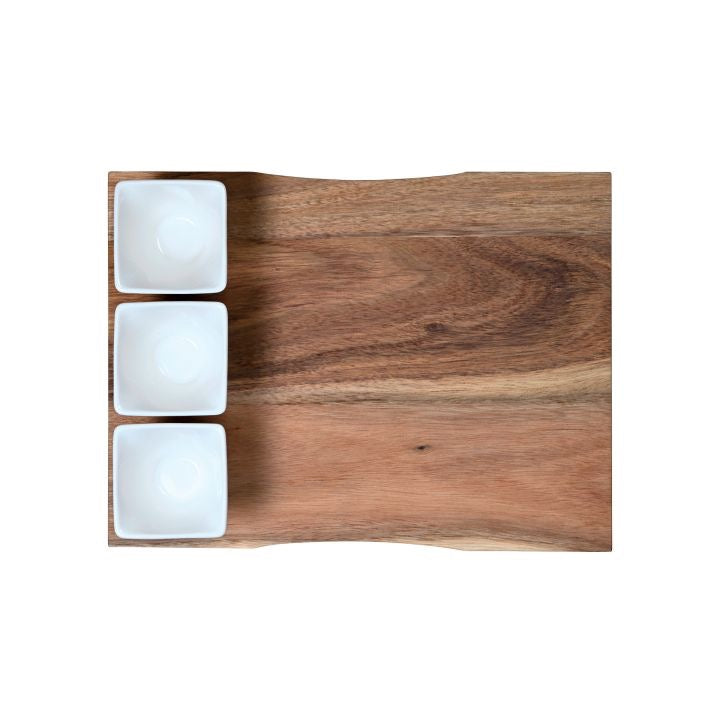 Tagliere in legno d’acacia con 3 boli in ceramica