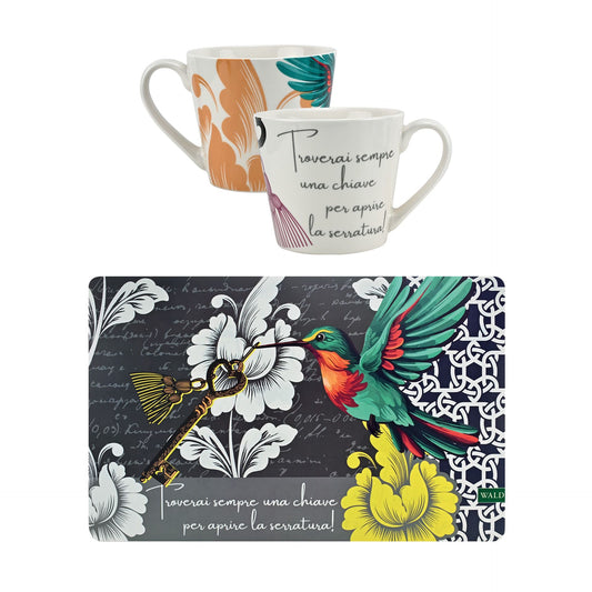 Tazza in porcellana con tovaglietta americana, decoro chiave