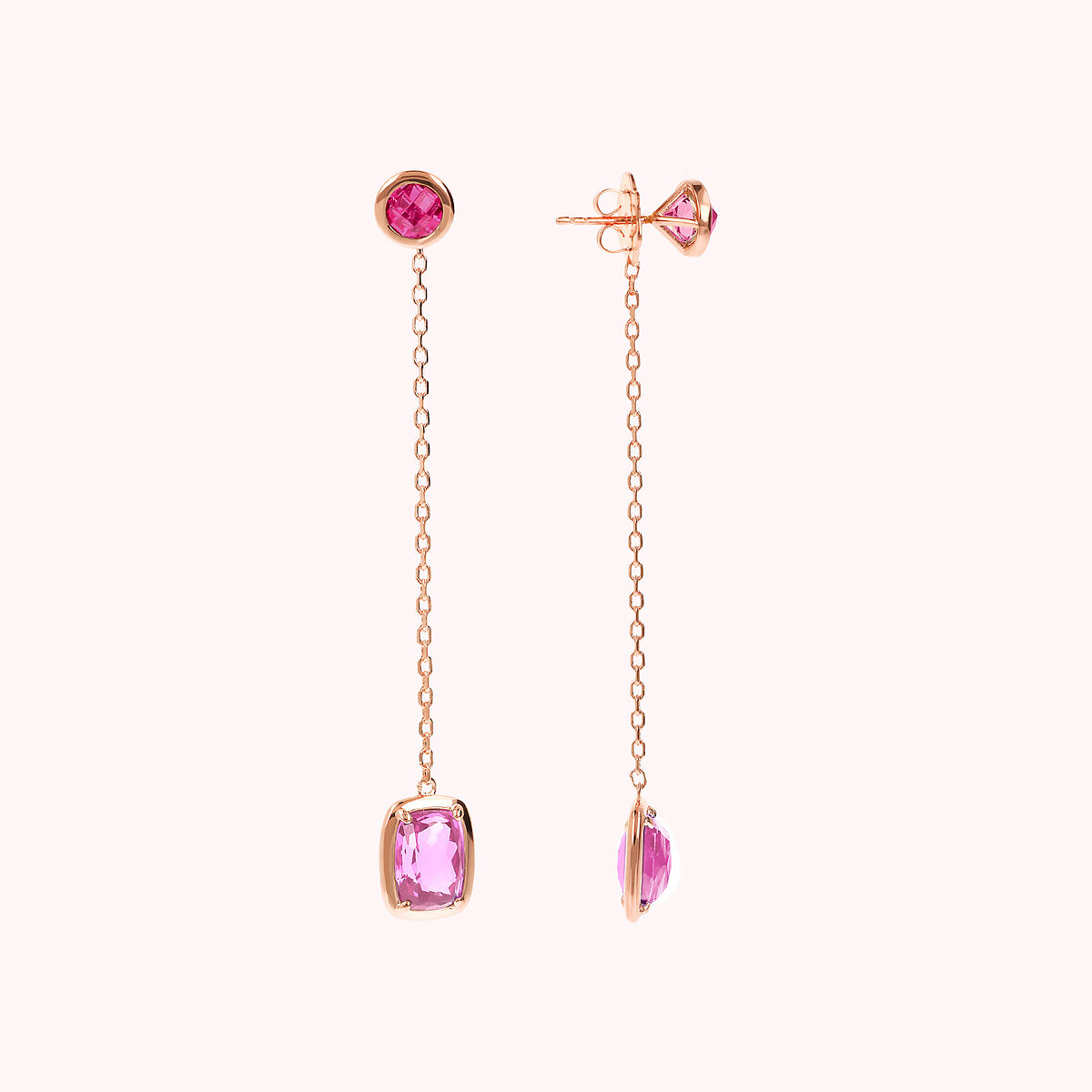 Orecchini Pendenti a Filo con Prisma Gem Tonde e a Baguette rosa