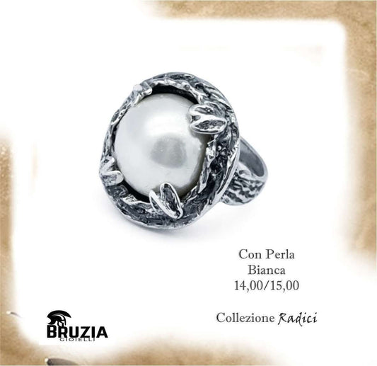 Anello Radici Perla Bianca – Argento 925 Brunito con Perla d'Acqua Dolce 14/15mm