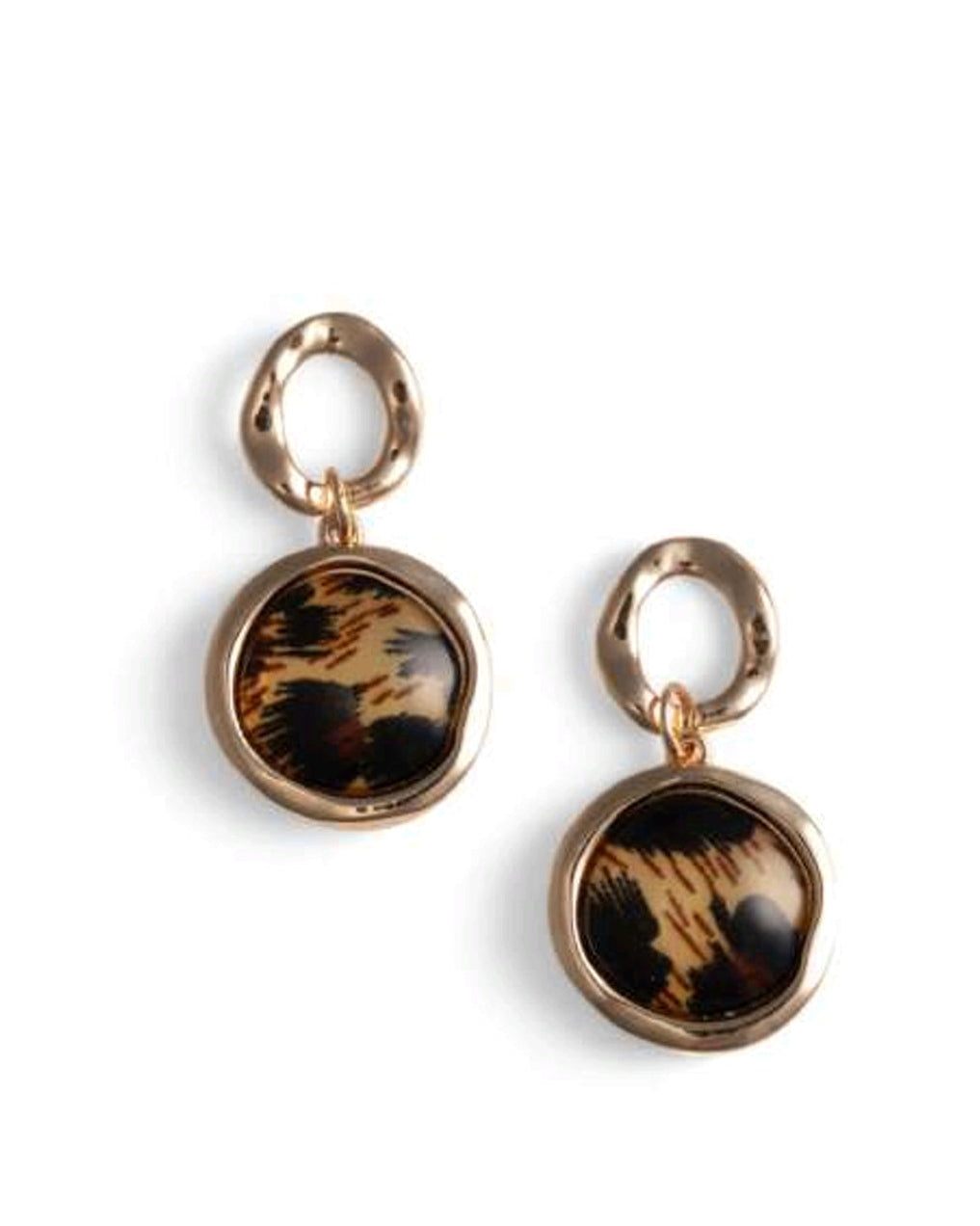 ORECCHINI PENDENTI IN METALLO CIRCOLARE CON PIETRA IN ACRILICO ANIMALIER GIALLA