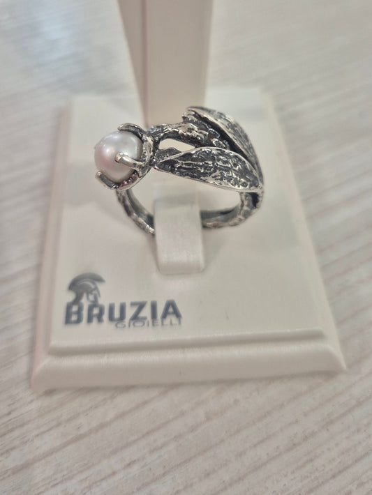 Anello Doppia Foglia con Perla Bianca – Argento 925 Brunito | Bruzia Gioielli